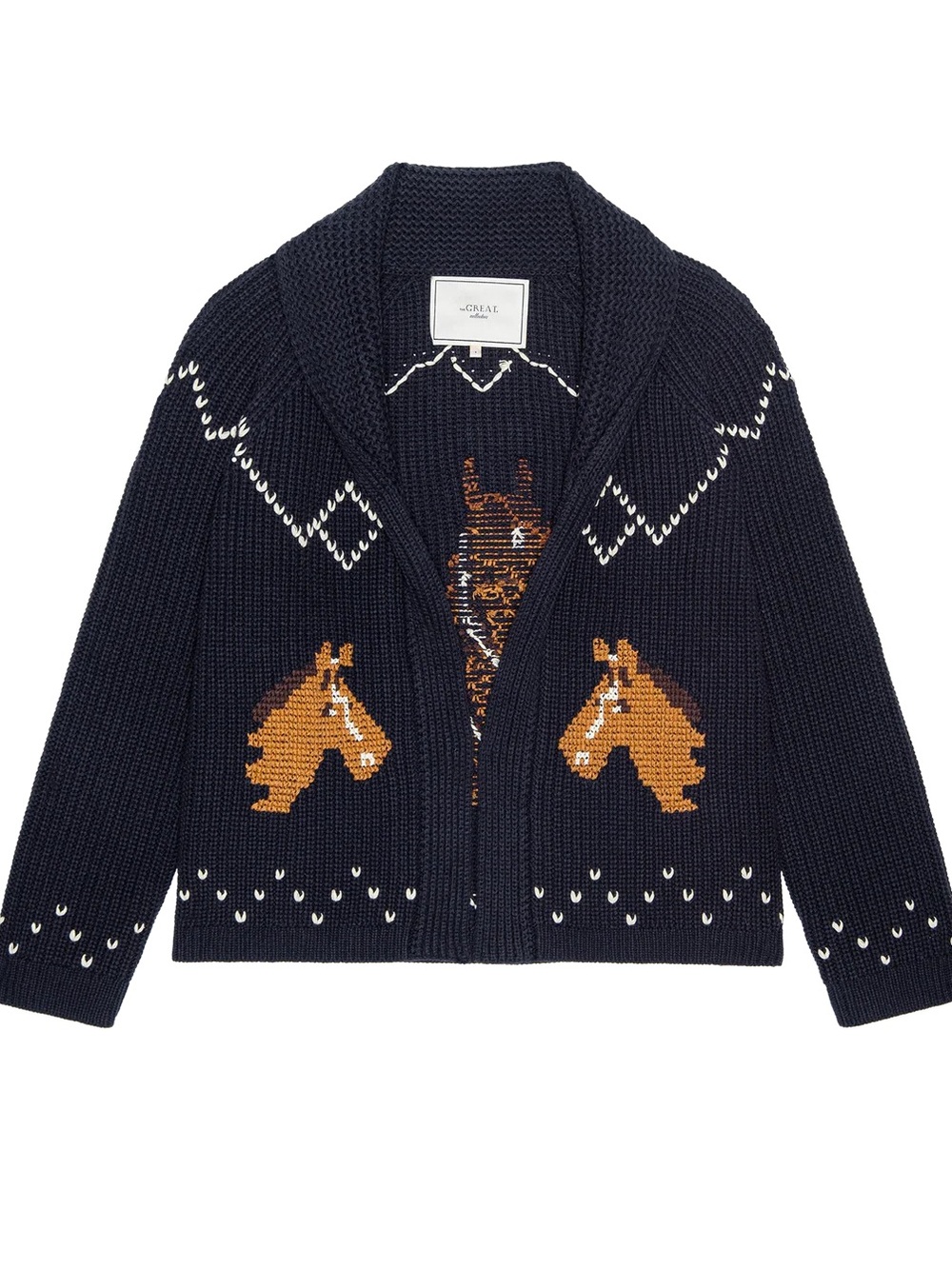 THE GREAT. Horse Lodge Cardigan Sweater Navy Blue Size 3 Large NWT